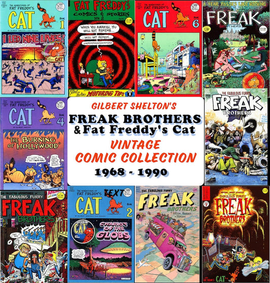 Freak Brothers collection, Fat Freddy's Cat comics, underground comics, Gilbert Shelton comics, 1960s comics, 1970s comics, 1980s comics, 1990s comics, counterculture comics, vintage comics, digital comic download, comic PDF collection, Fat Freddy's Cat digital comics, Freak Brothers digital comics, classic comic collection, out-of-print comics, underground comic PDFs, 70s-90s comics, cult comic series, satirical comic books, comics for collectors, rare comics collection, vintage comic book PDF, cartoonist 